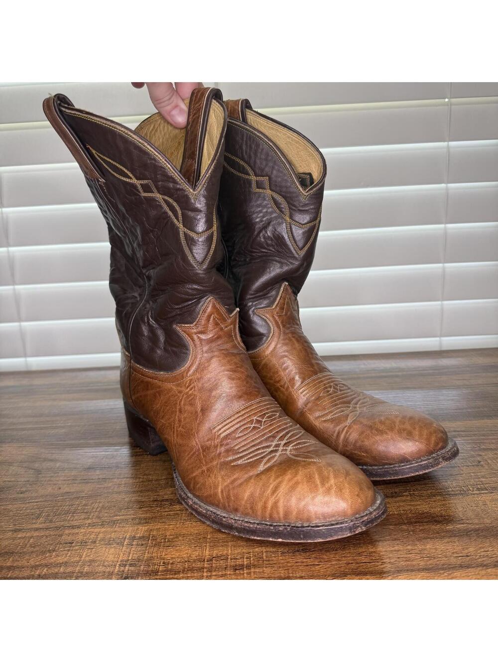 Vintage Tony Lama Two-Tone Brown Leather Cowboy Boots Size 8.5D